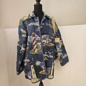 Blair Vintage 90s Nautical Sailboat Lighthouse Tapestry Jacket & Purse Sz L X520